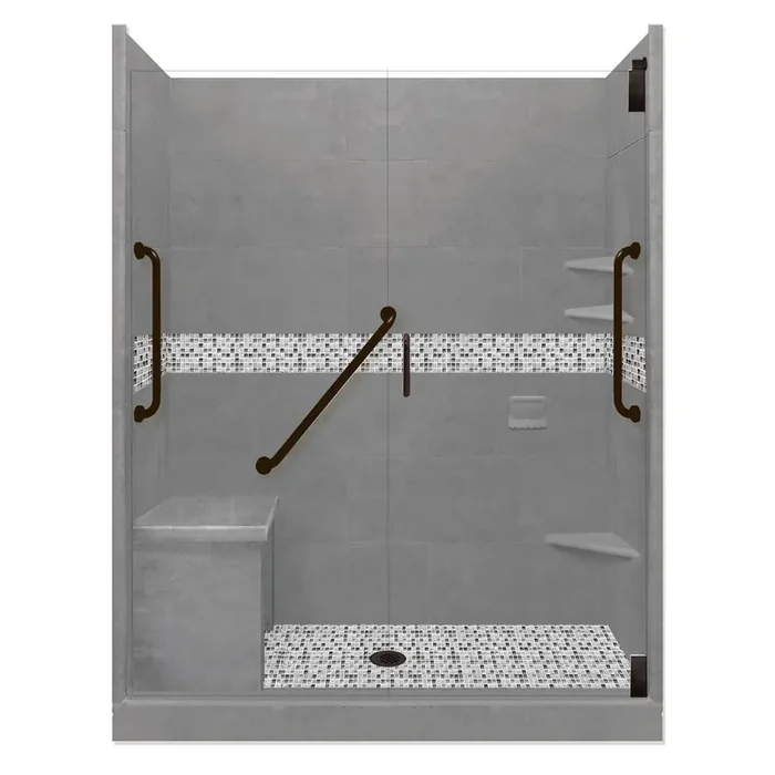 Del Mar Freedom Grand Hinged 32 in. x 60 in. x 80 in. Center Drain Alcove Shower Kit in Wet Cement and Black Pipe