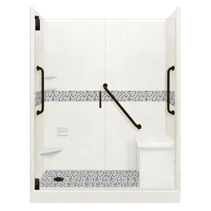 Del Mar Freedom Grand Hinged 34 in. x 60 in. x 80 in. Left Drain Alcove Shower Kit in Natural Buff and Black Pipe