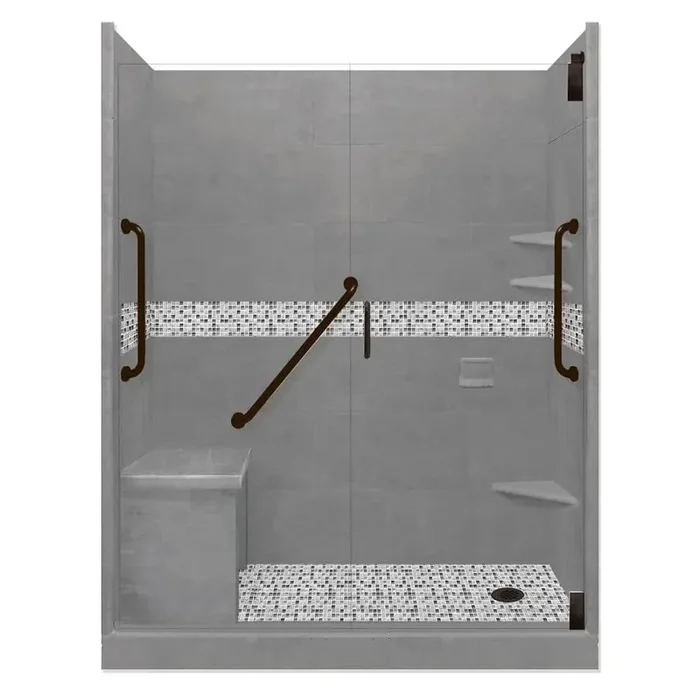 Del Mar Freedom Grand Hinged 34 in. x 60 in. x 80 in. Right Drain Alcove Shower Kit in Wet Cement and Black Pipe