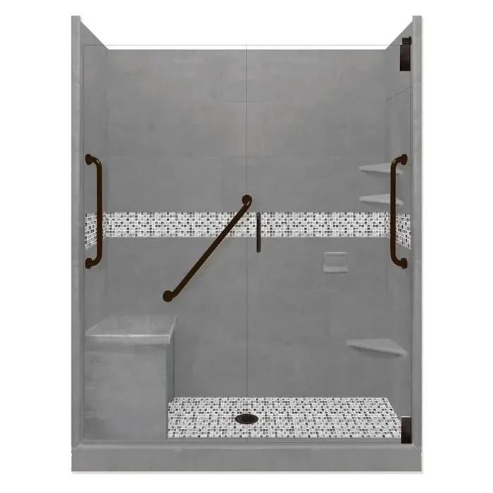 Del Mar Freedom Grand Hinged 36 in. x 60 in. x 80 in. Center Drain Alcove Shower Kit in Wet Cement and Black Pipe