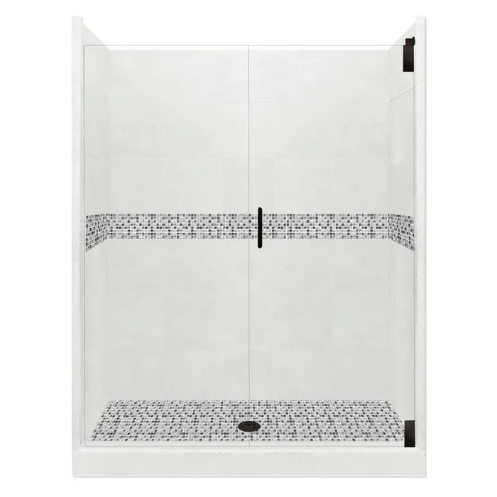 Del Mar Grand Hinged 32 in. x 36 in. x 80 in. Center Drain Alcove Shower Kit in Natural Buff and Black Pipe Hardware