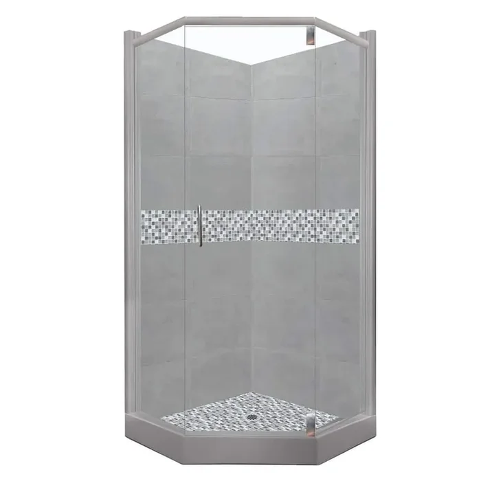 Del Mar Grand Hinged 32 in. x 36 in. x 80 in. Left-Cut Neo-Angle Shower Kit in Wet Cement and Chrome Hardware