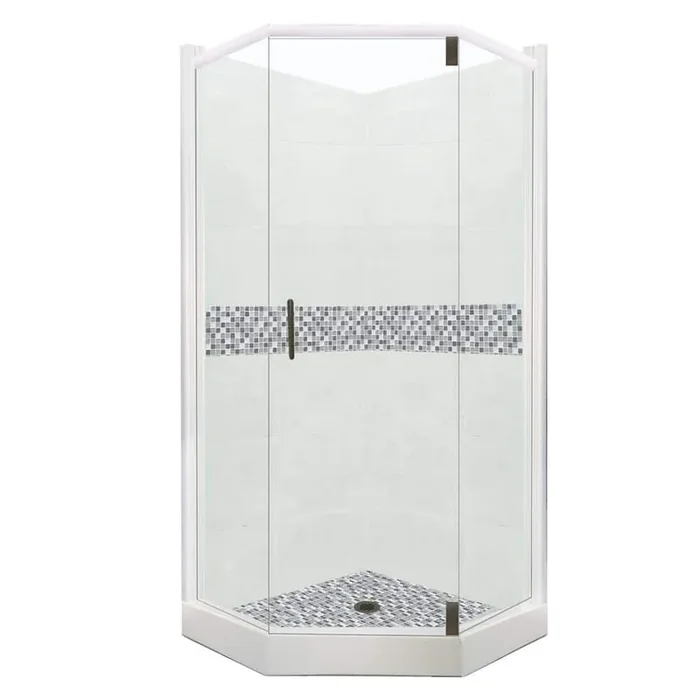 Del Mar Grand Hinged 32 in. x 36 in. x 80 in. Right-Cut Neo-Angle Shower Kit in Natural Buff and Black Pipe Hardware