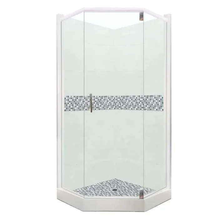 Del Mar Grand Hinged 32 in. x 36 in. x 80 in. Right-Cut Neo-Angle Shower Kit in Natural Buff and Satin Nickel Hardware