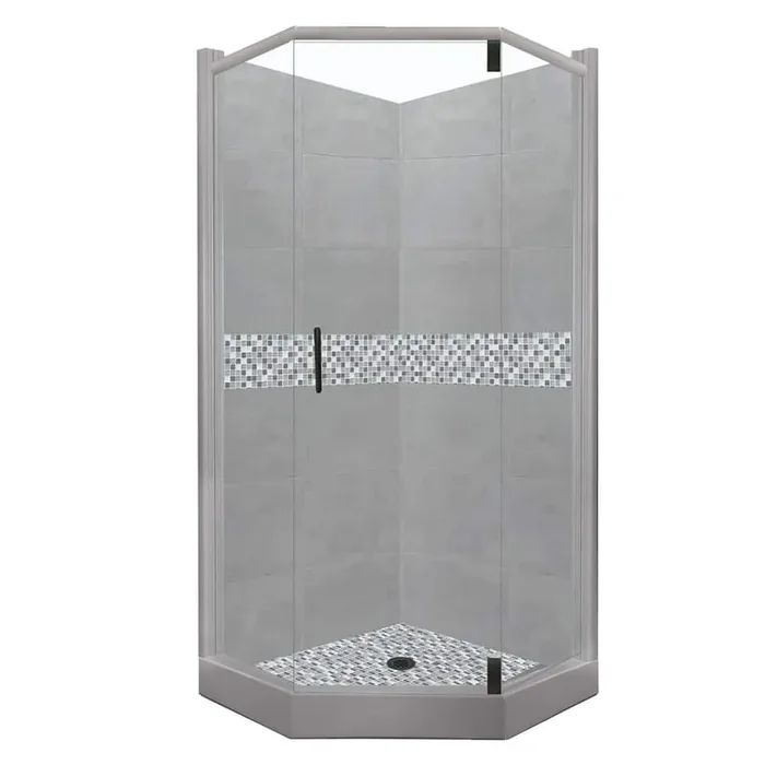 Del Mar Grand Hinged 32 in. x 36 in. x 80 in. Right-Cut Neo-Angle Shower Kit in Wet Cement and Black Pipe Hardware