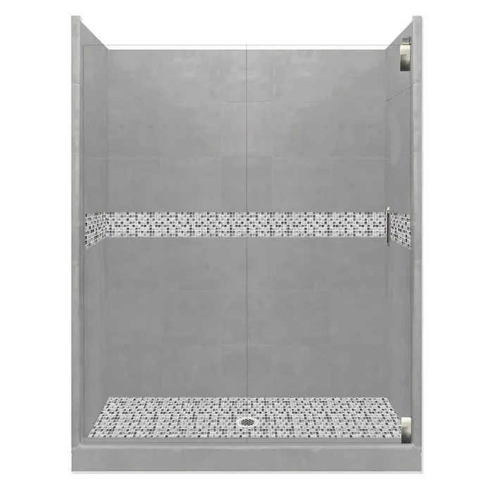 Del Mar Grand Hinged 34 in. x 60 in. x 80 in. Center Drain Alcove Shower Kit in Wet Cement and Satin Nickel Hardware