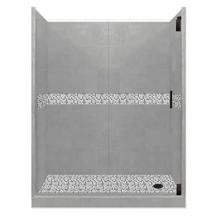Del Mar Grand Hinged 34 in. x 60 in. x 80 in. Right Drain Alcove Shower Kit in Wet Cement and Black Pipe Hardware