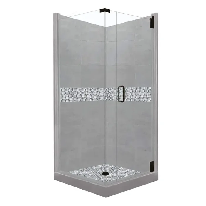 Del Mar Grand Hinged 36 in. x 36 in. x 80 in. Right-Hand Corner Shower Kit in Wet Cement and Black Pipe Hardware