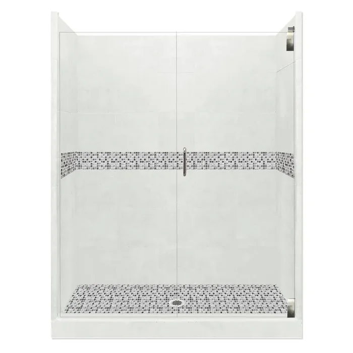 Del Mar Grand Hinged 36 in. x 42 in. x 80 in. Center Drain Alcove Shower Kit in Natural Buff and Satin Nickel Hardware