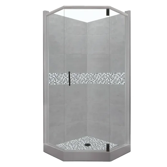 Del Mar Grand Hinged 36 in. x 42 in. x 80 in. Left-Cut Neo-Angle Shower Kit in Wet Cement and Black Pipe Hardware