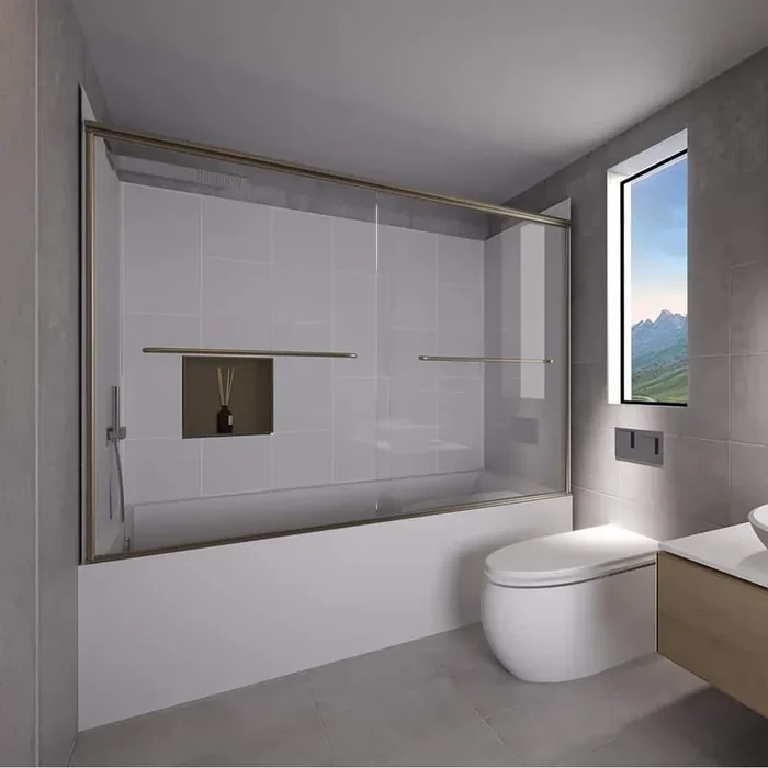 Dove Grey-Rainier 60 in. L x 32 in. W x 83 in. H Rectangular Tub/ Shower Combo Unit in Brushed Nickel Left Drain