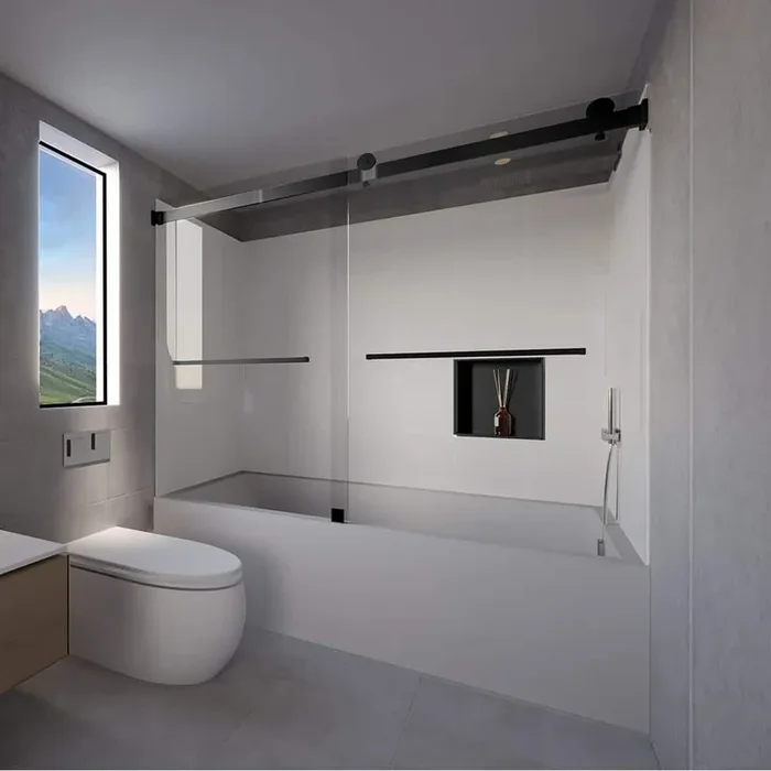 Dove Grey-Tetherow 60 in. L x 30 in. W x 83 in. H Rectangular Tub/ Shower Combo Unit in Matte Black Right Drain