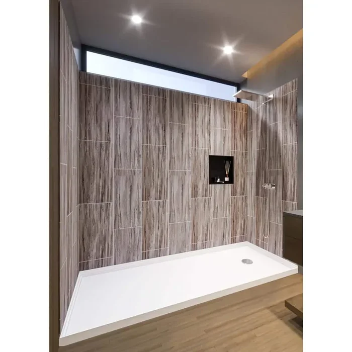 Driftwood 60-in x 32-in x 83-in 7 Pieces Alcove Shower Kit With Glue Up Shower Wall and Shower Pan Right Drain