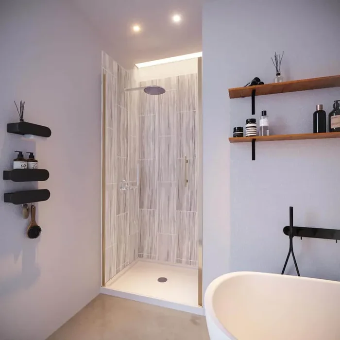 Driftwood-Presidio 36 in. W x 36 in. W x 83 in. H Base/Wall/Door Square Alcove Shower Stall/Kit Brushed Nickel Center