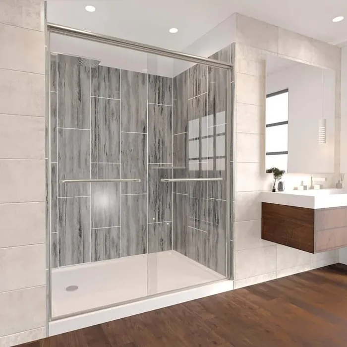 Driftwood-Rainier 60 in. L x 30 in. W x 83 in. H Base/Wall/Door Rectangular Alcove Shower Stall/Kit Brushed Nickel Left