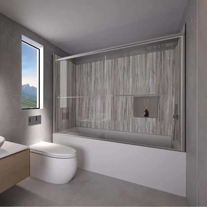 Driftwood-Rainier 60 in. L x 36 in. W x 83 in. H Rectangular Tub/ Shower Combo Unit in Chrome Right Drain