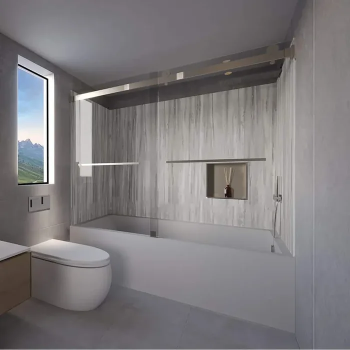 Driftwood-Tetherow 60 in. L x 30 in. W x 83 in. H Rectangular Tub/ Shower Combo Unit in Brushed Nickel Right Drain