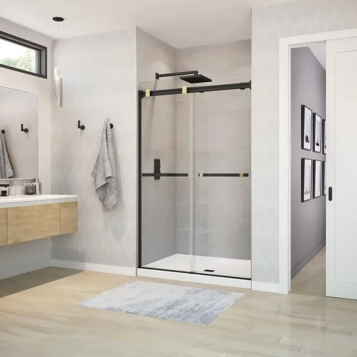 Duel 44-47 x 70 ½-74 in 8mm Frameless Shower Door for Alcove Installation with Clear glass in Matte Black & Brushed Gold