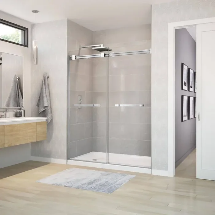 Duel 56-58 ½ x 70 ½-74 in. 8 mm Frameless Shower Door for Alcove Installation with Clear glass in Chrome & Matte White