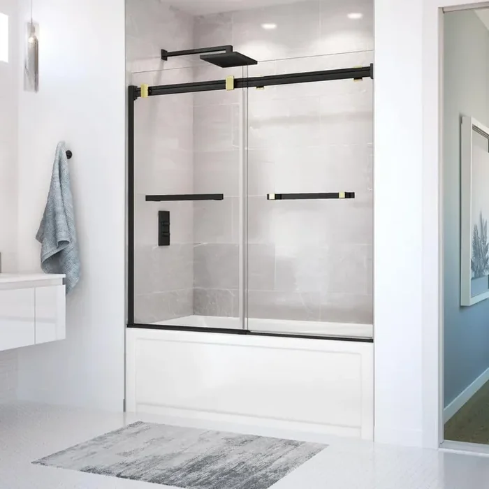 Duel 56-59 x 55 ½ x 59 in. 8mm Frameless Tub Door for Alcove Installation with Clear glass in Matte Black & Brushed Gold