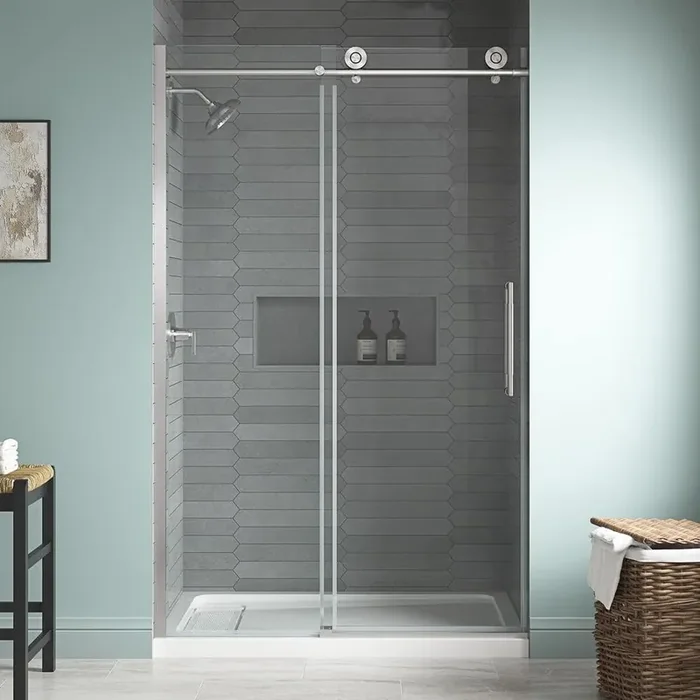 Dylan 46 1/2 in. – 48 in. W x 76 in. H Sliding Frameless Shower Door in Brushed Nickel with Clear Glass