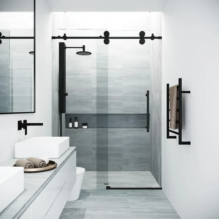 Elan 52 to 56 in. x 74 in. Sliding Shower Door Frameless in Matte Black with Clear Glass and Handle
