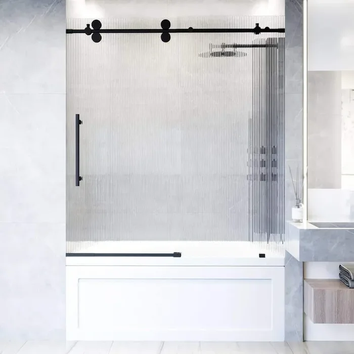 Elan 56 to 60 in. W x 66 in. H Sliding Frameless Tub Door in Matte Black with 3/8 in. (10mm) Fluted Glass