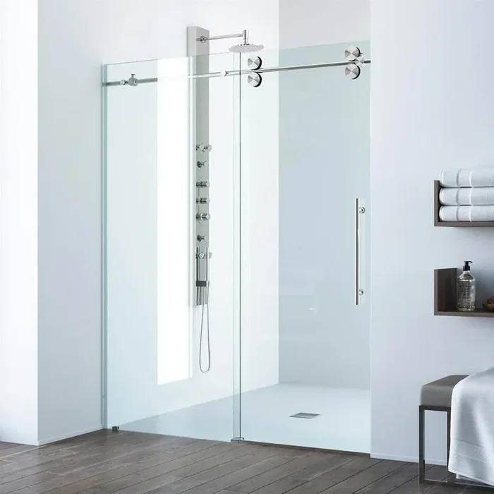 Elan 60 to 64 in. W x 74 in. H Frameless Sliding Shower Door in Stainless Steel with 3/8 in. (10 mm) Clear Glass