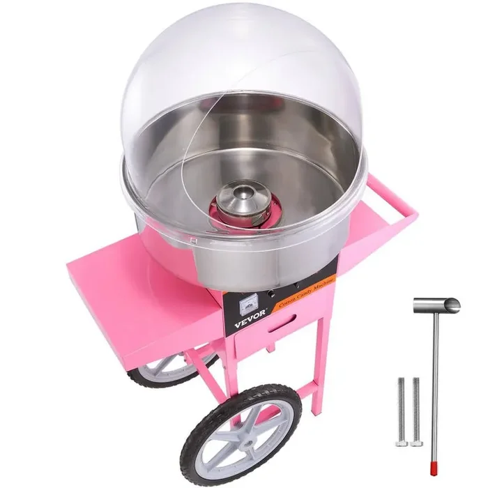 Electric Cotton Candy Machine Cart with Bubble Cover Shield, 1000-Watt Commercial Floss Maker with Stainless Steel Bowl