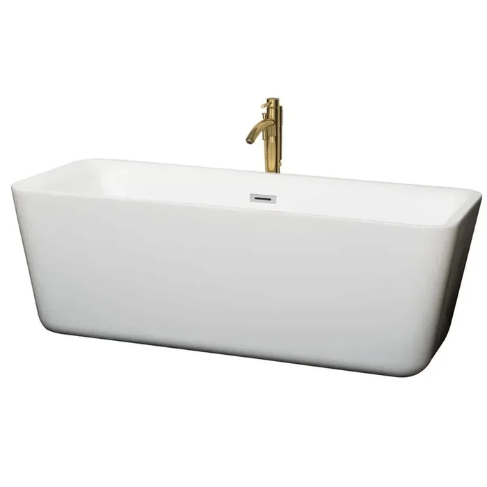 Emily 68.88 in. Acrylic Flatbottom Bathtub in White with Polished Chrome Trim and Brushed Gold Faucet