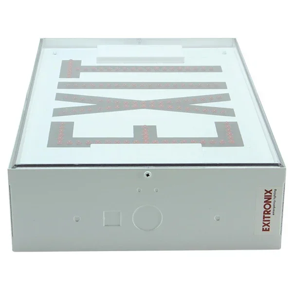 Exitronix Steel Direct View LED Exit Sign Single Face Red LED’s 2 Circuit Input 120/120V White Enclosure White Face/Red Letters Tamper Resistant Hardware (502E-2CI1-WH-C6-TRH)
