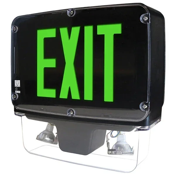 Exitronix Wet Location NEMA 4X Polycarbonate Exit Combination NSF Rated Double-Face Green Legend 12V 12W Black Finish Self-Test/Self-Diagnostics Tamper-Resistant Hardware (NXFC-2-G-12-12-BL-CL-G2-TRH)
