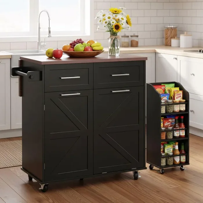 Farmhouse Black Wood 47.2 in. Drop Leaf 2-Drawer Rolling Kitchen Island with Removable Side Racks and Trash Can Storage