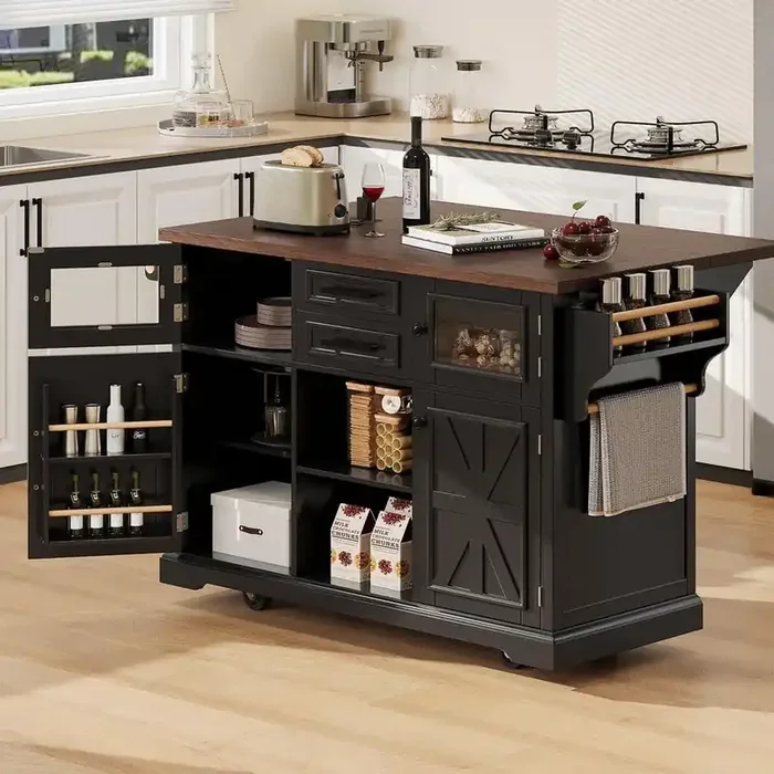 Farmhouse Black Wood 54.9 in. Drop Leaf Kitchen Island Power Outlet Kitchen Cart with Door Shelves and Cross Barn Doors