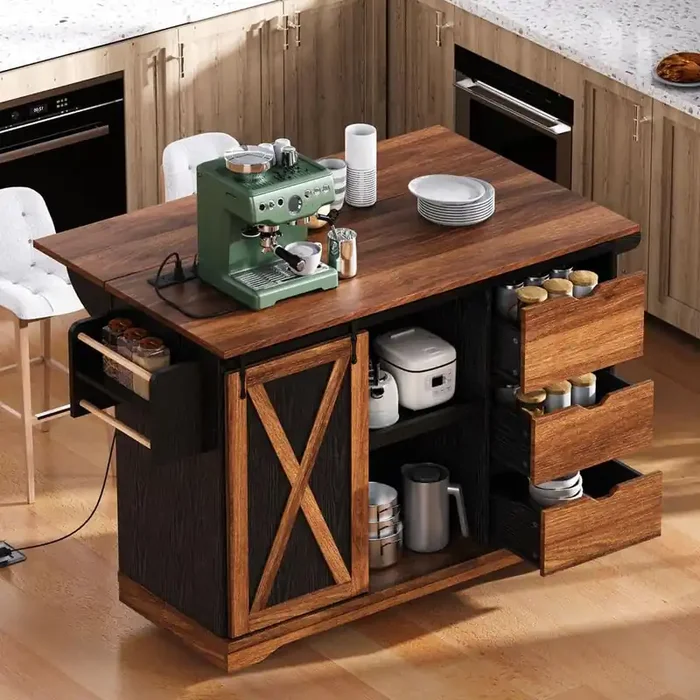Farmhouse Black Wood 55.5 in. Drop Leaf Power Outlet Kitchen Island Kitchen Storage Cart with Barn Door and Spice Rack