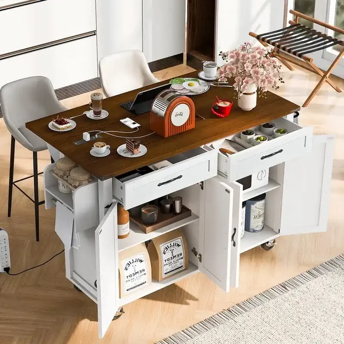 Farmhouse White Wood 53.5 in. Power Outlet Drop Leaf Kitchen Island Kitchen Carts on Wheels with Spice Rack and Drawer