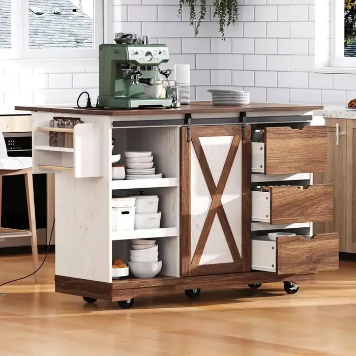 Farmhouse White Wood 55.5 in. Drop Leaf Power Outlet Barn Door Kitchen Island with 3-Drawer and Spice Rack