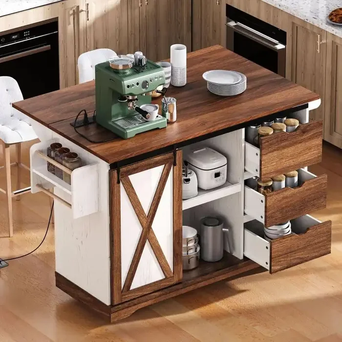 Farmhouse White Wood 55.5 in. Drop Leaf Power Outlet Kitchen Island Kitchen Storage Cart with Barn Door and Spice Rack