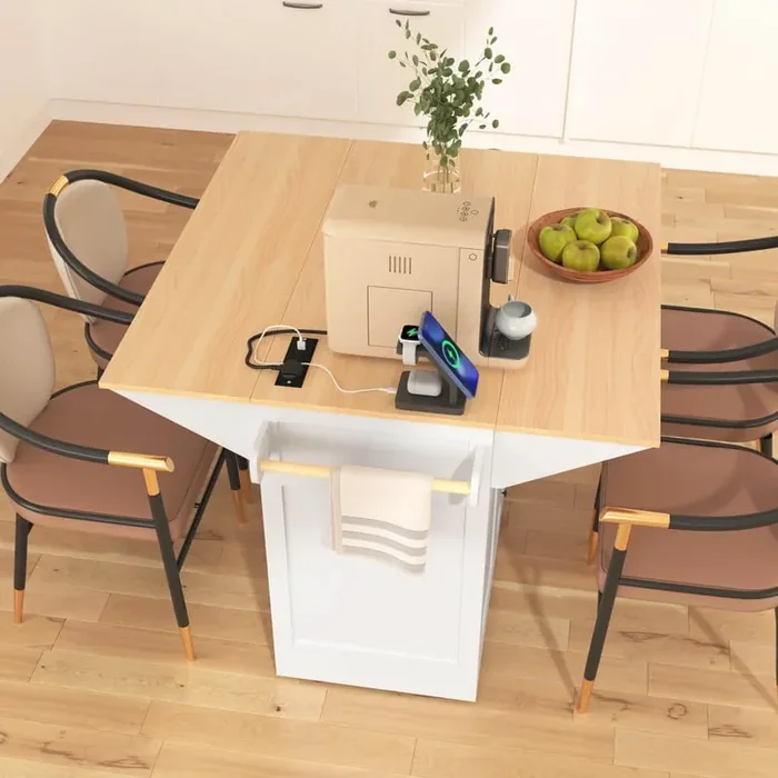 Farmhouse White Wood 55.75 in. Power Outlet Large Rolling Kitchen Island Cart Folding Storage Table with 2-Drop Leaves