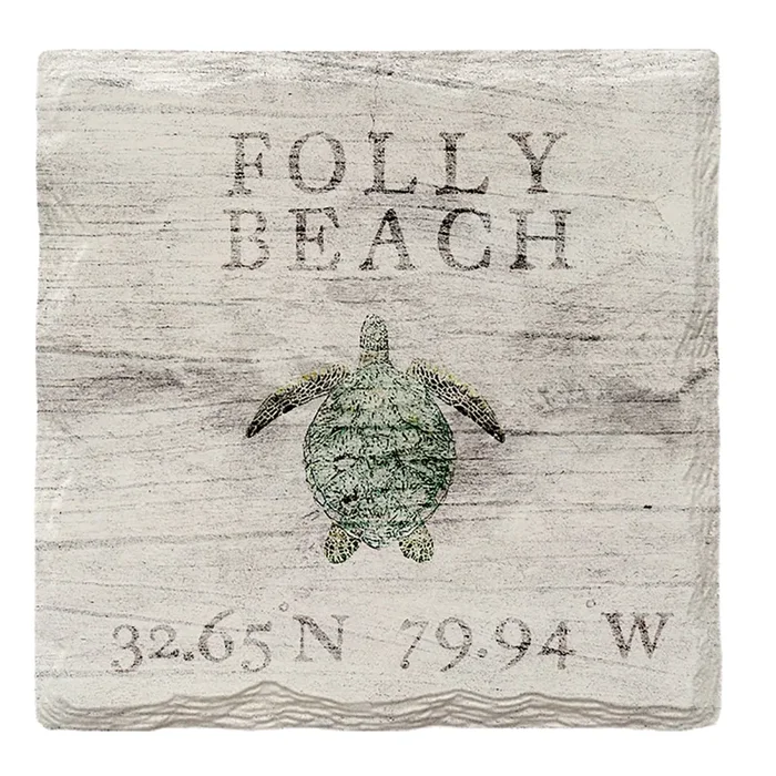 Folly Beach Sea Turtle Latitude Longitude | Drink Coaster Set