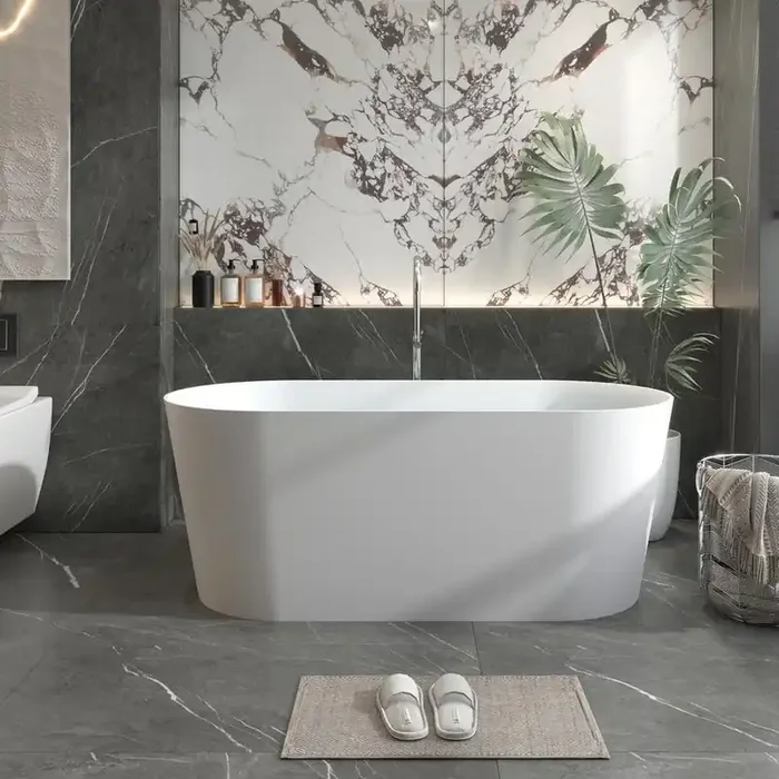 Foyil 59 in. x 28 in. Solid Surface Stone Resin Flatbottom Freestanding Bathtub Soaking Bathtub in Matte White
