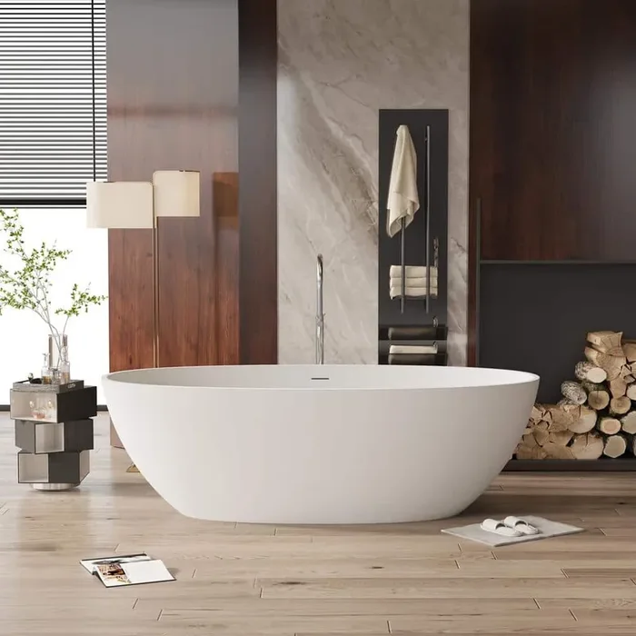 Foyil 63 in. x 31 in. Solid Surface Stone Resin Flatbottom Freestanding Bathtub Soaking Bathtub in Matte White