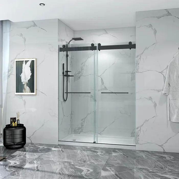 Foyil 72 in. W x 76 in. H Sliding Frameless Shower Door in Matte Black Finish with Clear Glass