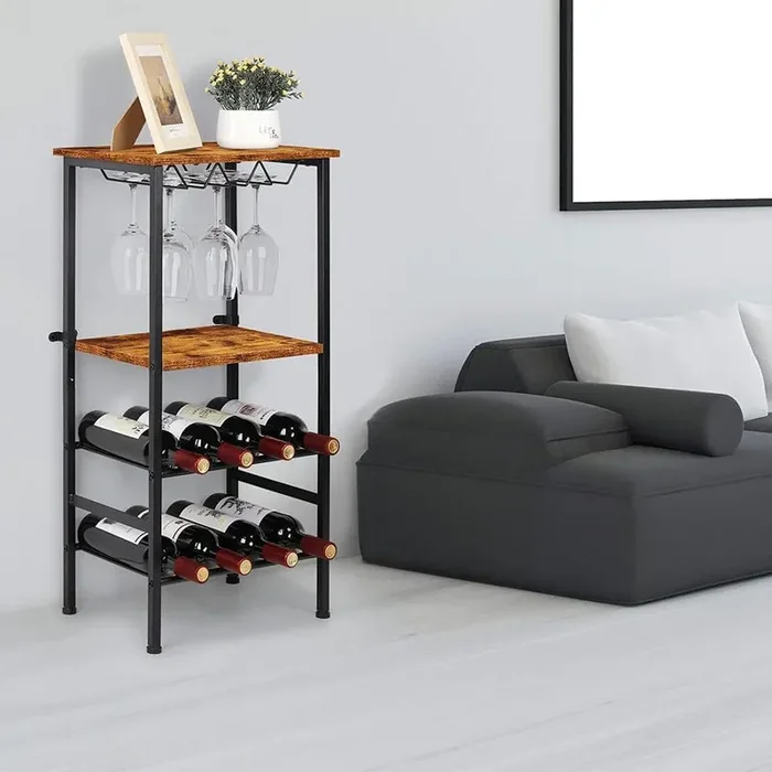 Freestanding Wine Rack with 8 Bottle Glass Holder and Wood Storage Shelves, Brown
