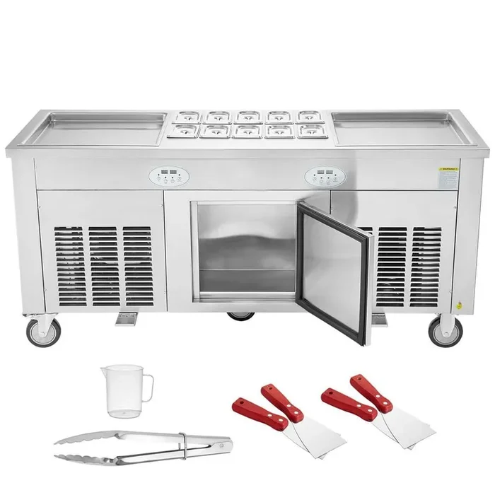 Fried Ice Cream Roll Machine 2-Pcs 17.7×17.7 in. Stir-Fried Ice Cream Pans 4-Scrapers Dessert Specialty Appliance Sliver