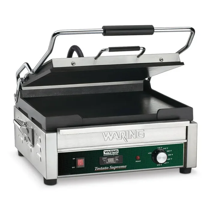 Full-Sized 14 in. x 14 in. Flat Panini Grill with Timer Silver 120-Volt 14 in. x 14 in. Cooking Surface