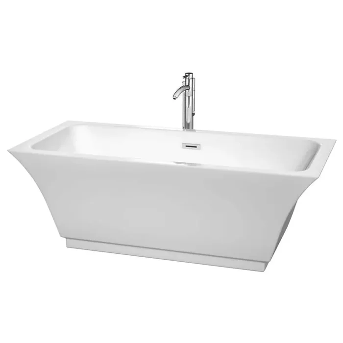 Galina 67 in. Acrylic Flatbottom Center Drain Soaking Tub in White with Polished Chrome Trim and Floor Mounted Faucet