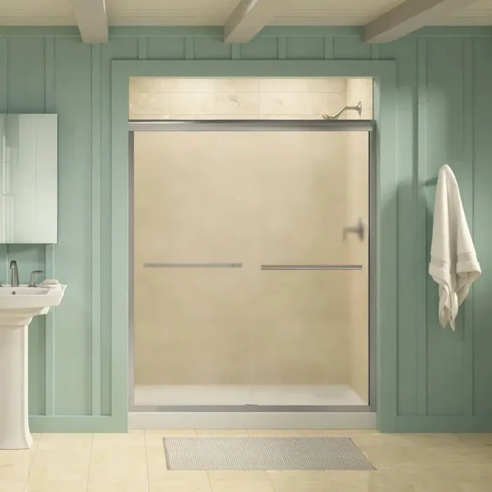 Gradient 59-5/8 in. x 70-1/16 in. Semi-Frameless Sliding Shower Door in Matte Nickel with Frosted Glass