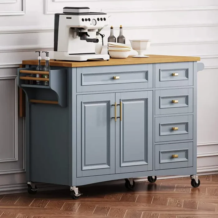 Gray Blue/Oak Wood 52 in. W Kitchen Island Dining Table With Drop Leaf on Wheels
