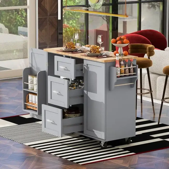 Gray Wood 50 in. Kitchen Island with Rubber Wood Top, 2 Slide-Out Shelf, 3-Drawer and Storage Rack for Kitchen Room